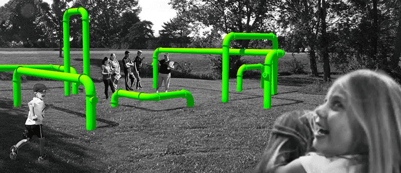 Conceptual image of bright green pipe structures in a park with children playing and a smiling child in foreground, showing interactive art installation.