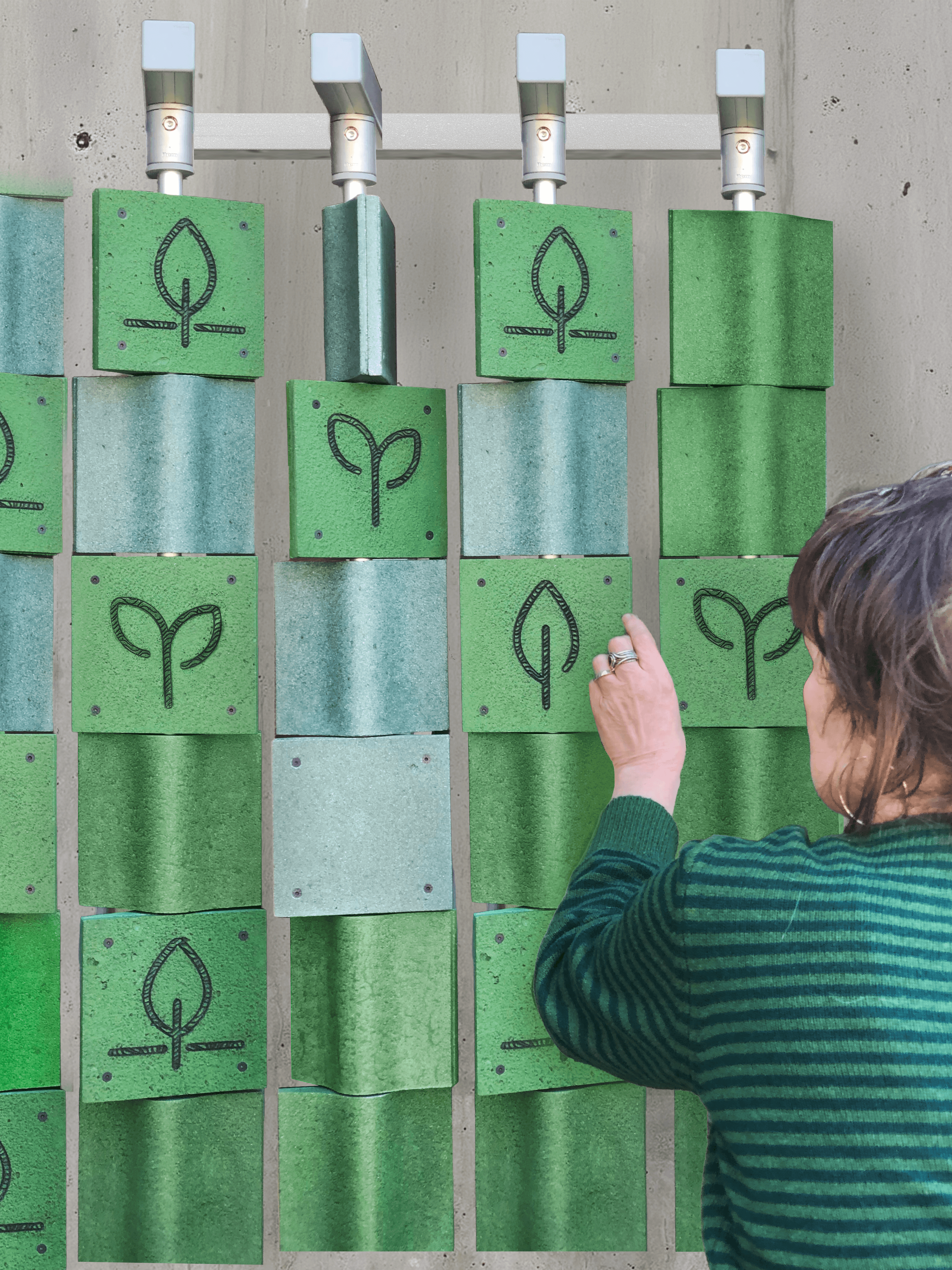Person interacting with the DIAPHRAGM wall by rotating modular green tiles representing environmental regeneration data.