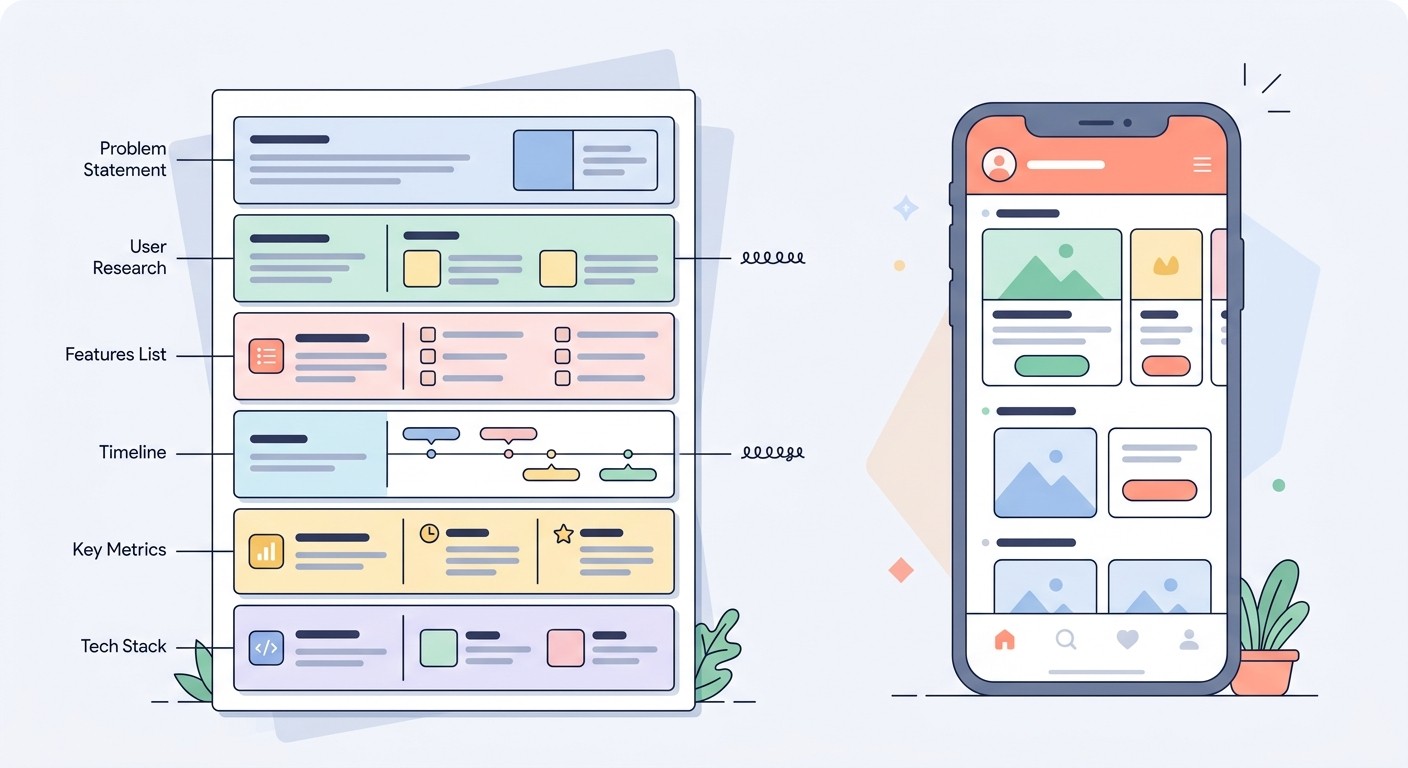 Illustration of a product brief broken into six labeled blocks next to a finished mobile app screen