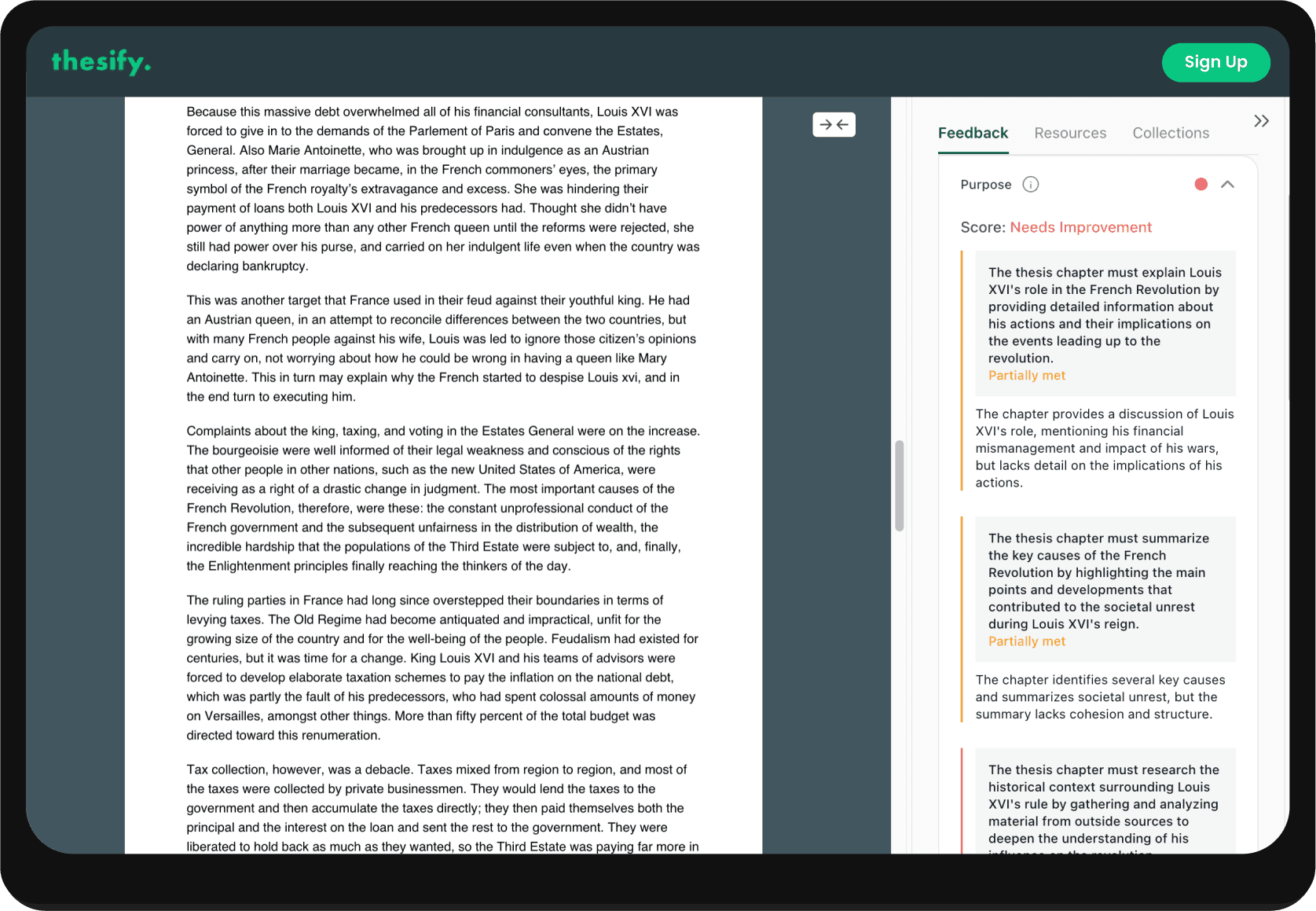 screenshot of thesify's feedback on purpose with questions and score