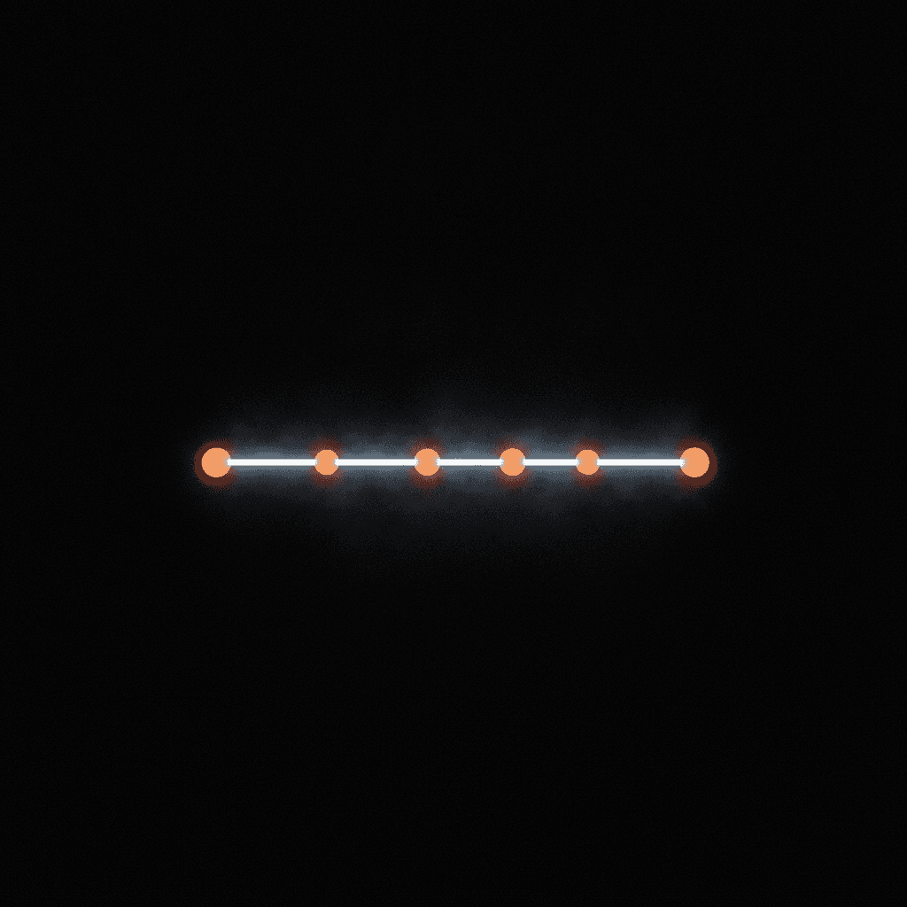 Single orange line of light branching into four bright nodes against deep black