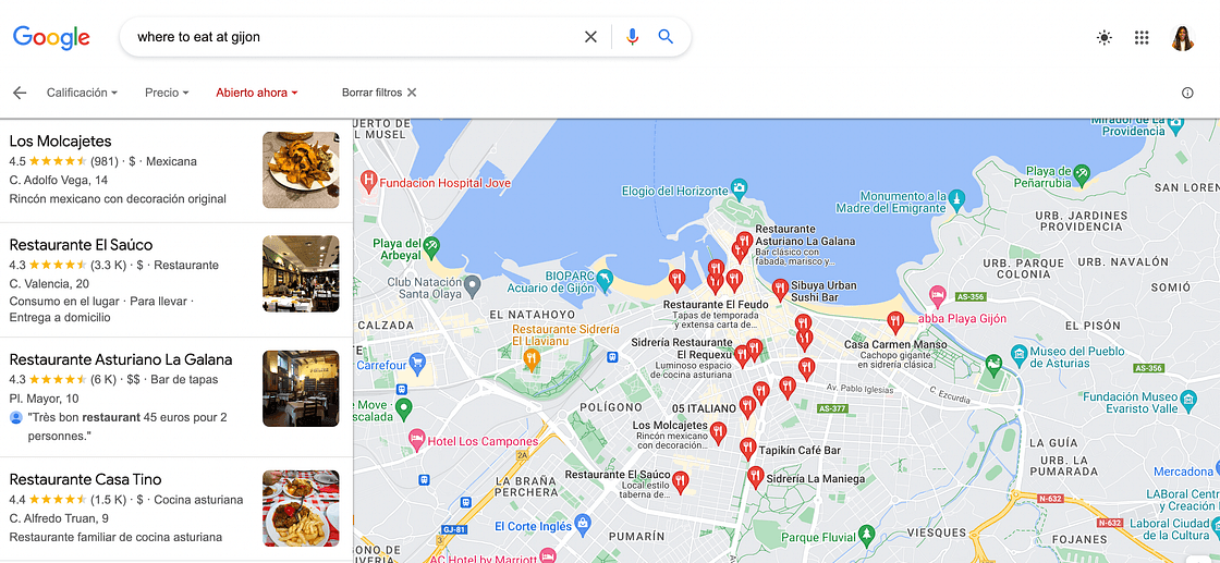 Google Maps Screenshot of “Where to eat at Gijón”