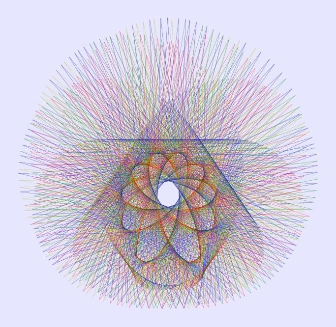 Awakening: a layered petal-like center with a small pale opening is surrounded by radiating colored lines.