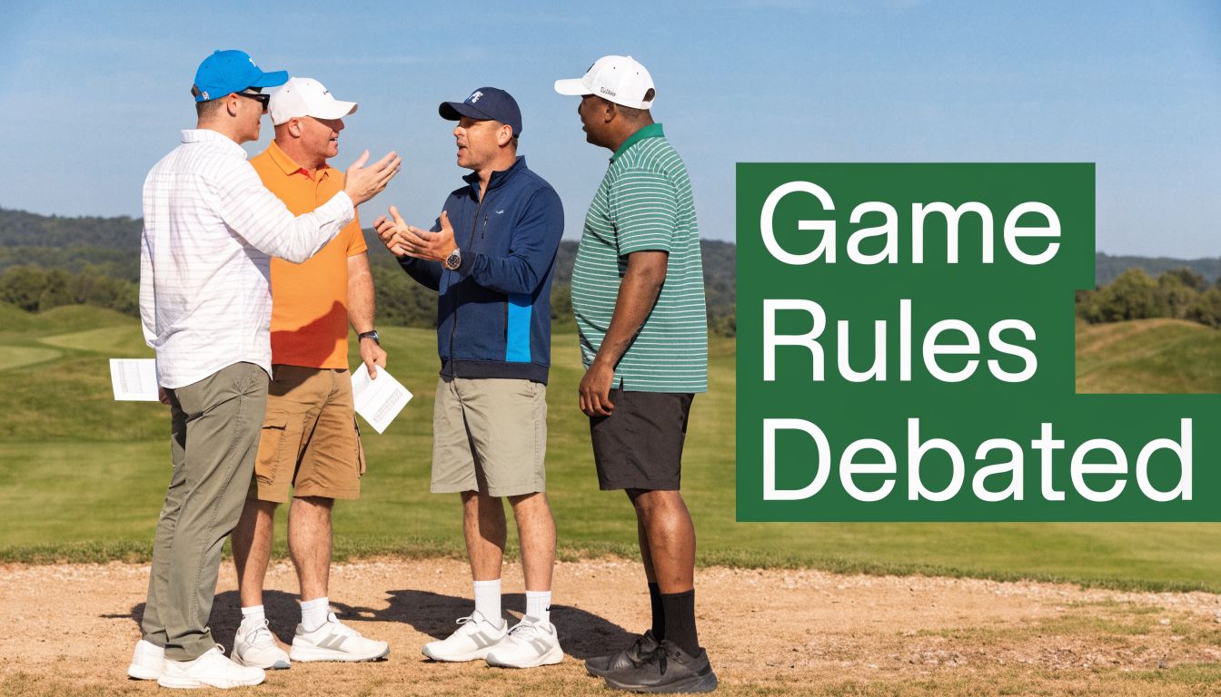 Four men in golf attire standing on a course while discussing rules during a game.