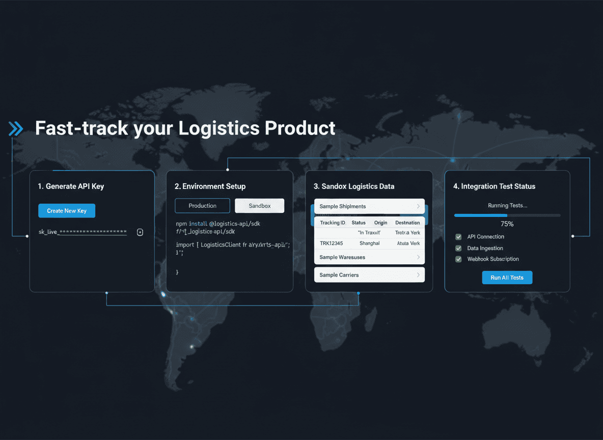 “Logistics SaaS developer onboarding platform with API setup, sandbox environment, and supply chain system integration tools.”