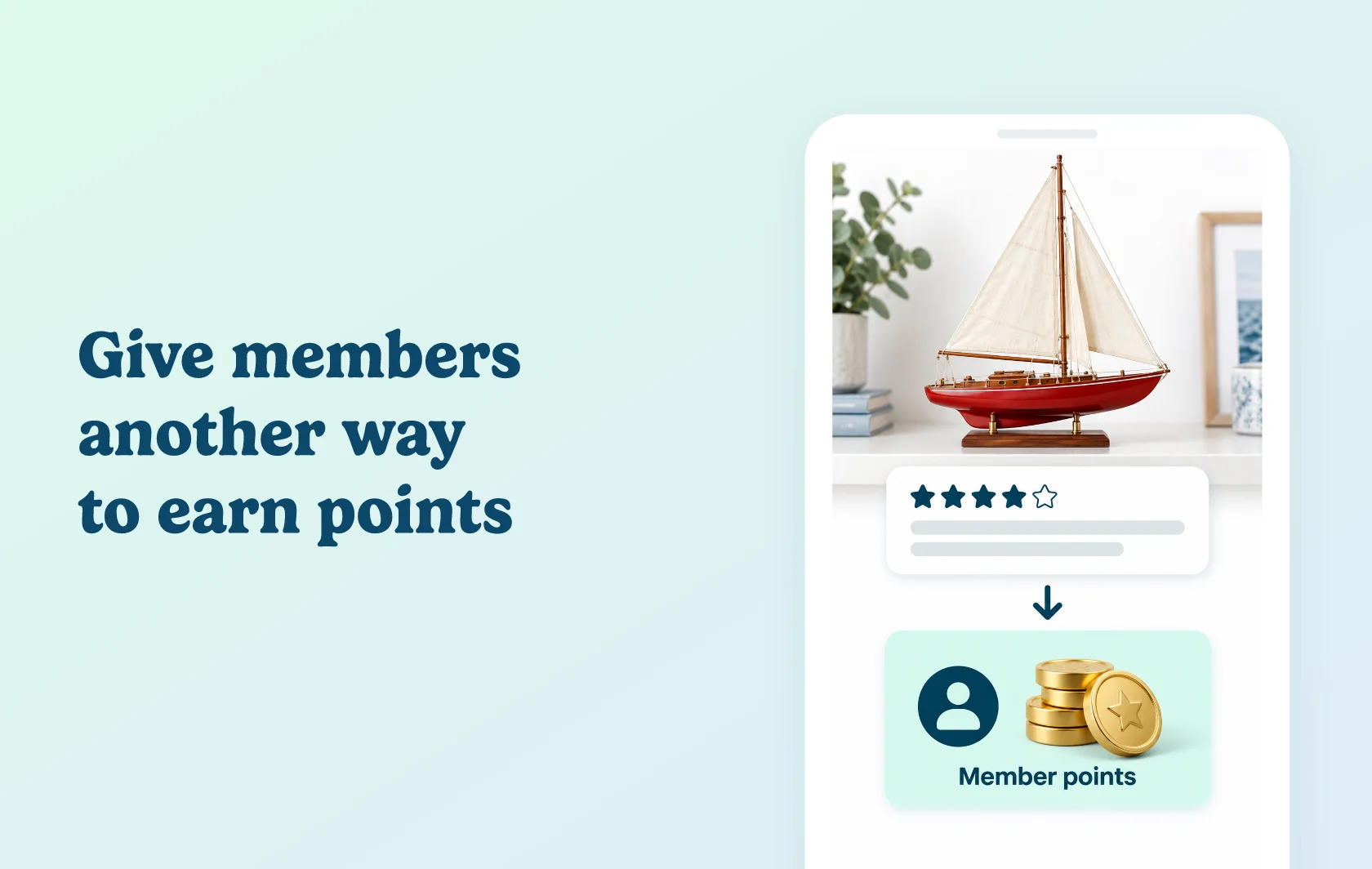 Judge.me and Rivo integration: illustration of a model-sailboat review connected to an anonymous loyalty member reward card inside a phone.