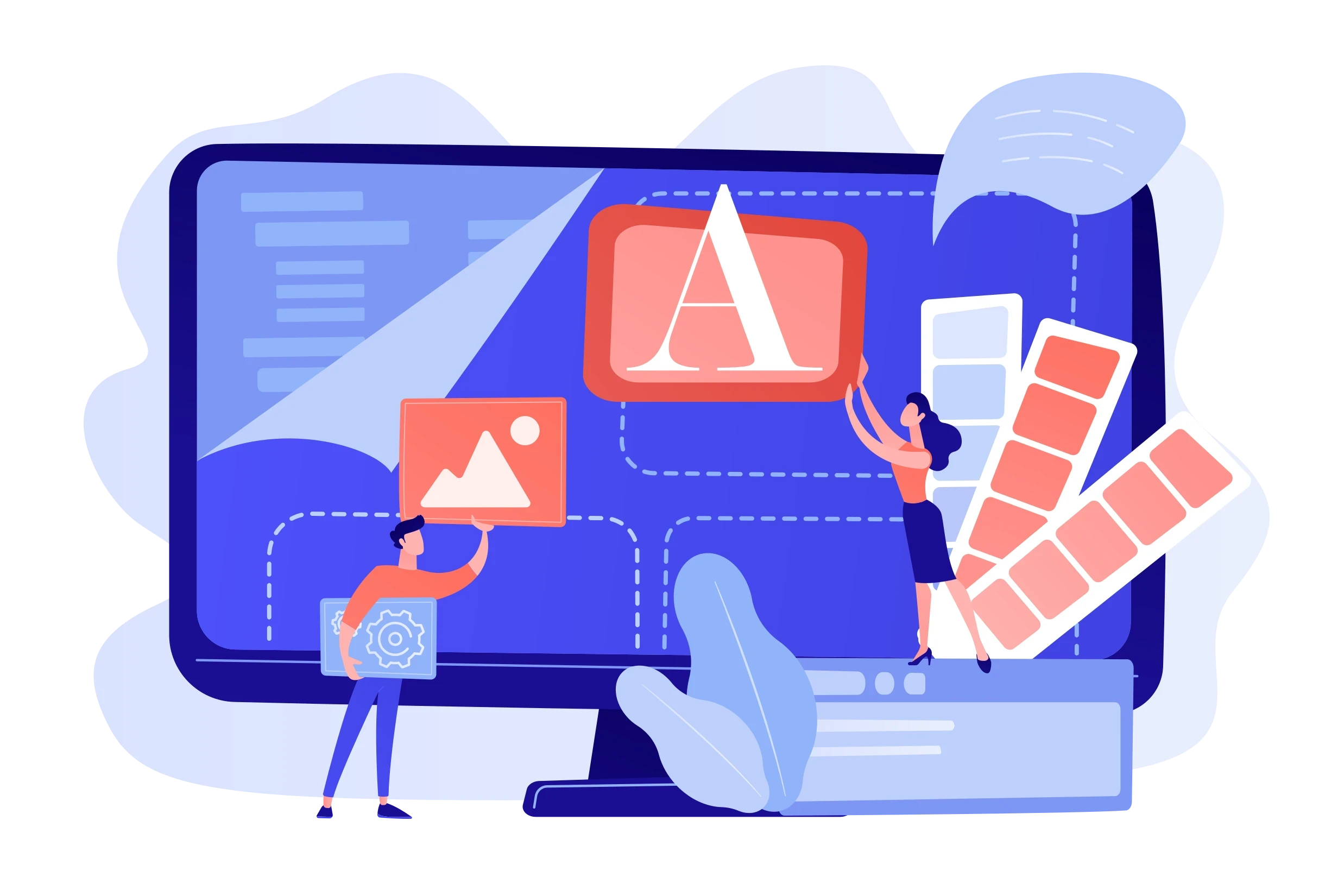 Ein großer Monitor zeigt verschiedene Medieninhalte wie Texte, Bilder und Farbschemata, die von einer Person organisiert werden, um die flexible Pflege von Inhalten zu symbolisieren.
