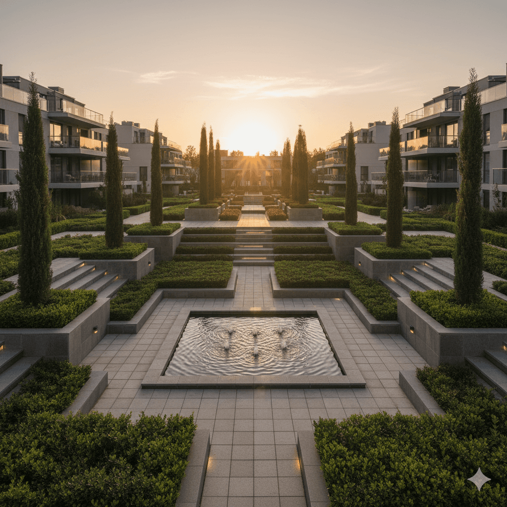 Symmetrically landscaped gardens and walking paths with central water fountains at the M3M Kurukshetra residential township