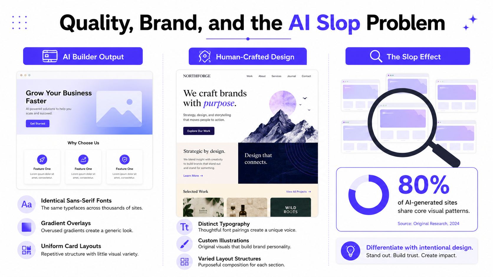 An infographic comparing generic AI-generated website builders with intentional, human-crafted brand design practices.