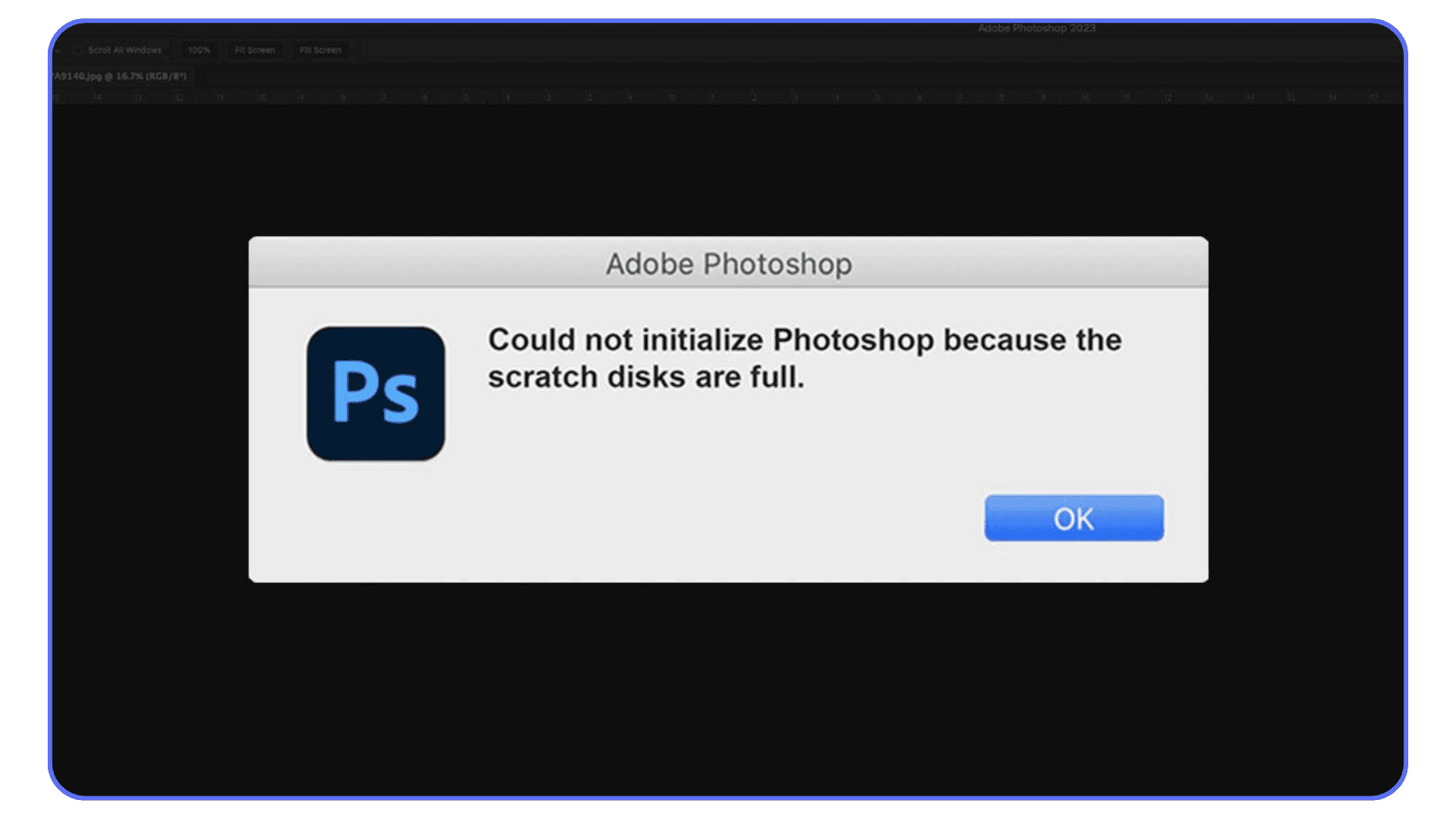 Popup error message in Adobe Photoshop stating “Could not initialize Photoshop because the scratch disks are full,” with an OK button.