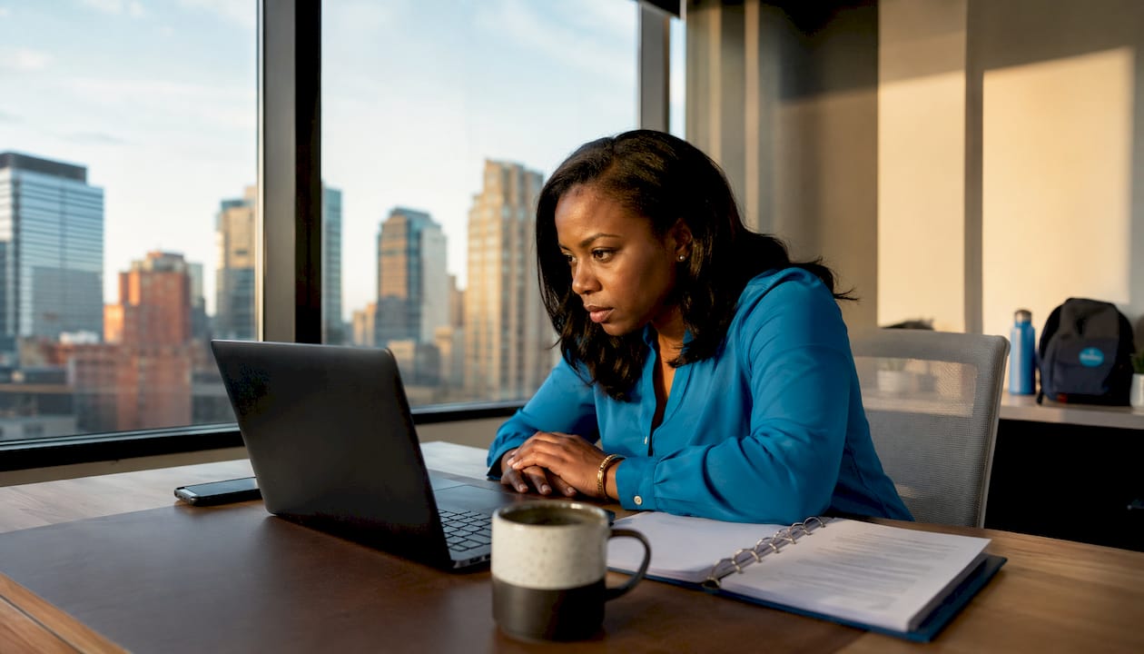 Professional reviewing legal brand video at desk
