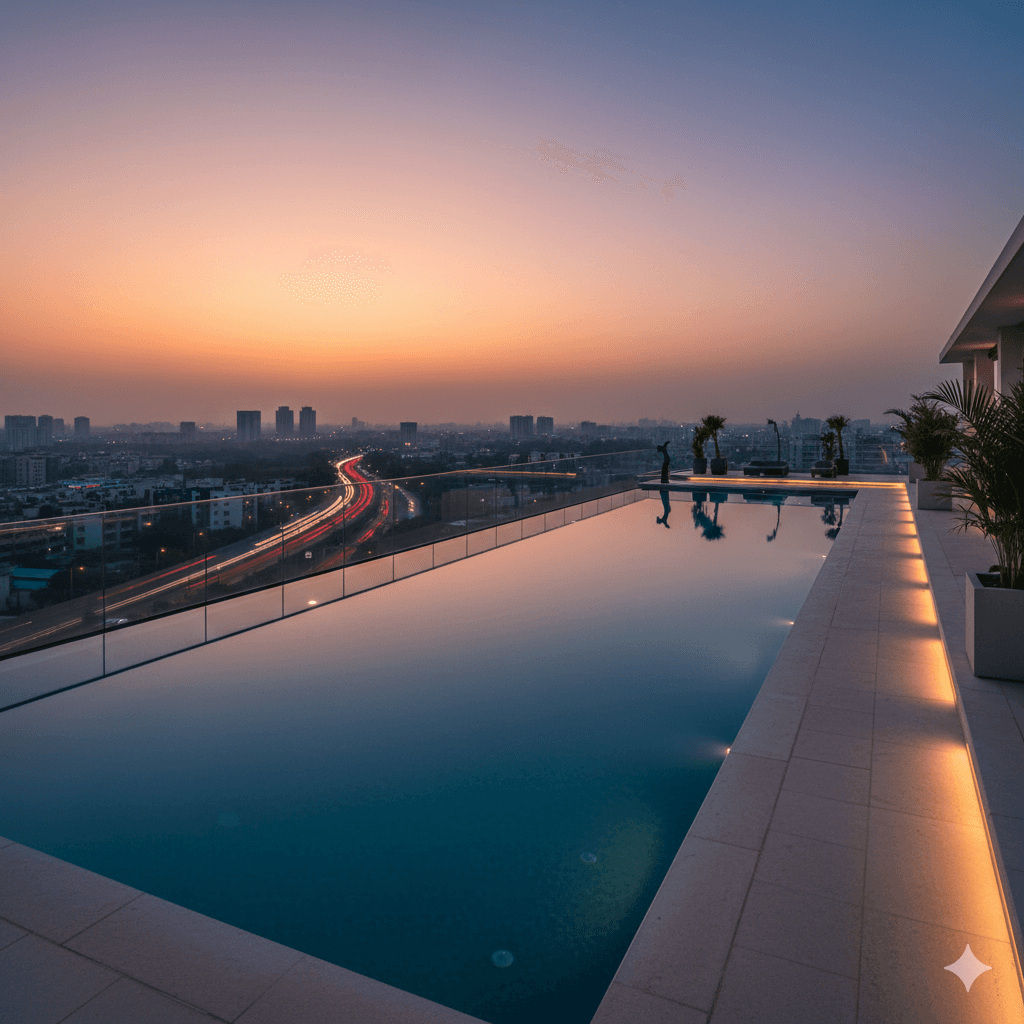 Elevated infinity pool and sky deck overlooking Noida cityscape, M3M Sector 97