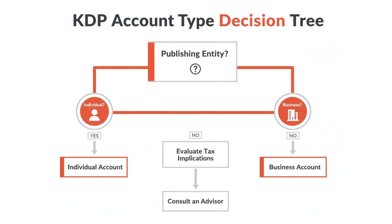 Decision tree illustrating how to choose between individual and business KDP account types.