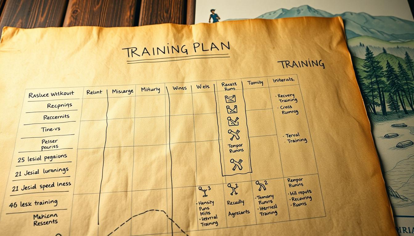 A detailed training plan for long-distance running, laid out on an old parchment-like surface. In the foreground, a hand-drawn map outlines the mileage and intensity of each training session, with annotations for recovery periods and cross-training. The middle ground features carefully sketched icons representing different running workouts, such as hill repeats, tempo runs, and interval training. In the background, a watercolor-style illustration depicts a scenic mountain landscape, hinting at the endurance and determination required for long-distance training. The overall atmosphere conveys a sense of focus, discipline, and a deep connection to the natural world.
