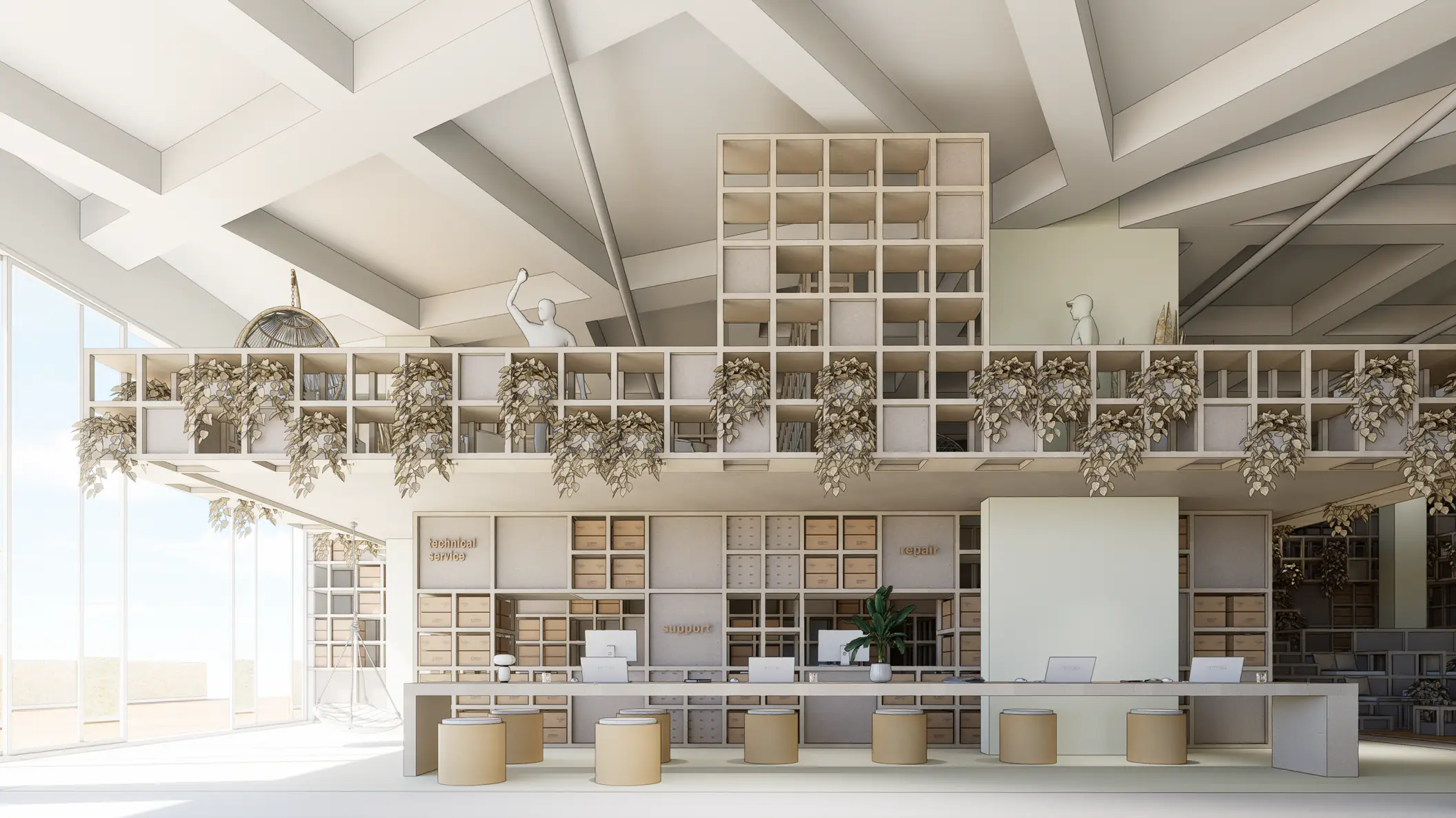 Long work counter in front of the shelving wall, with the mezzanine above