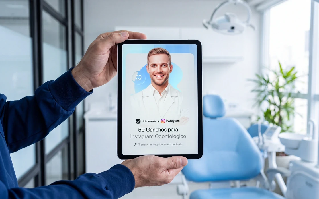 Dentista segurando tablet com o e-book 50 ganchos de Instagram para odontologia