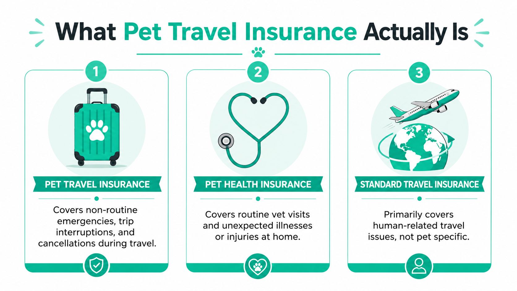 An infographic titled What Pet Travel Insurance Actually Is, comparing pet travel insurance, pet health insurance, and standard travel insurance.