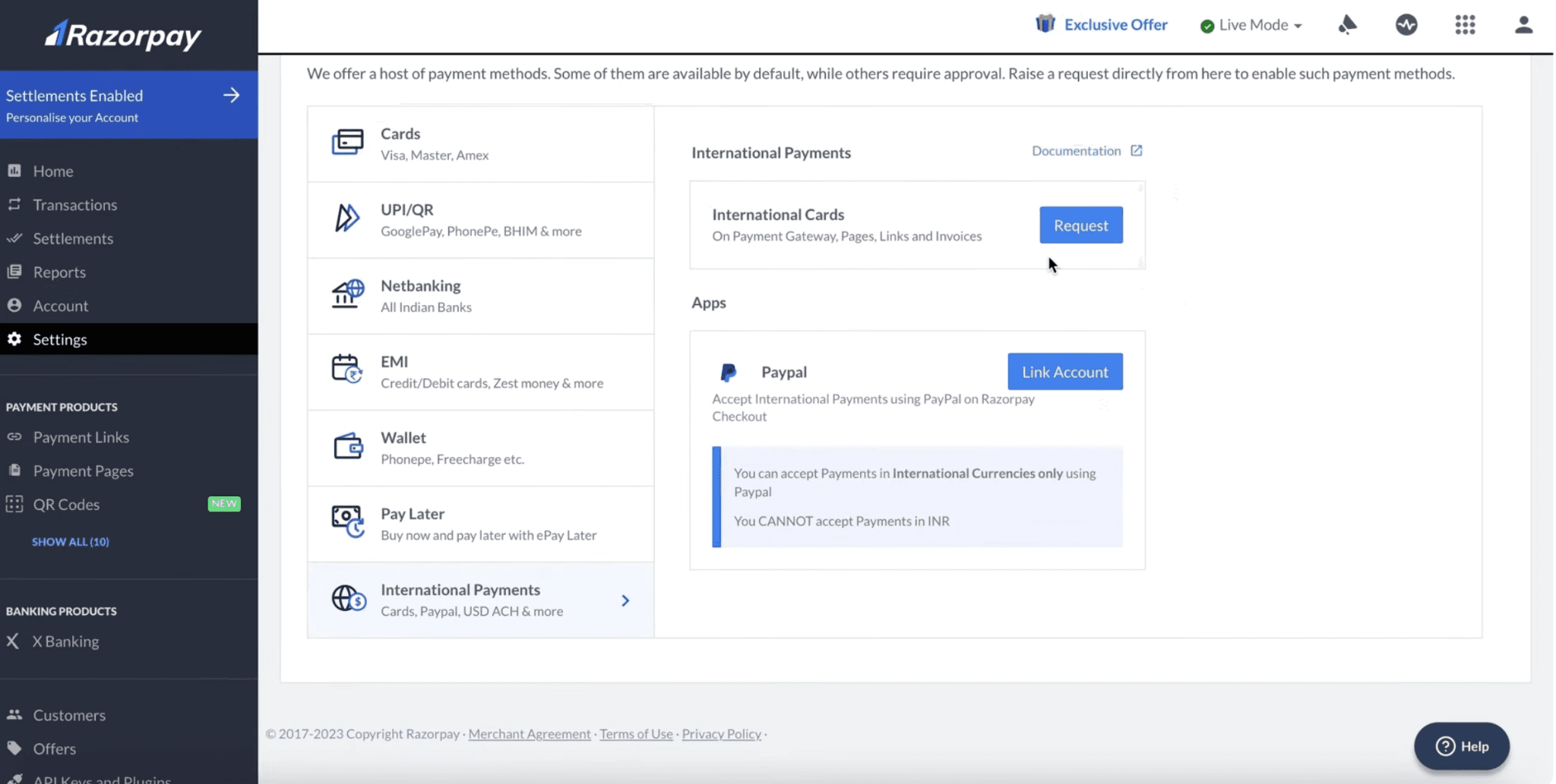 Razorpay Account Settings