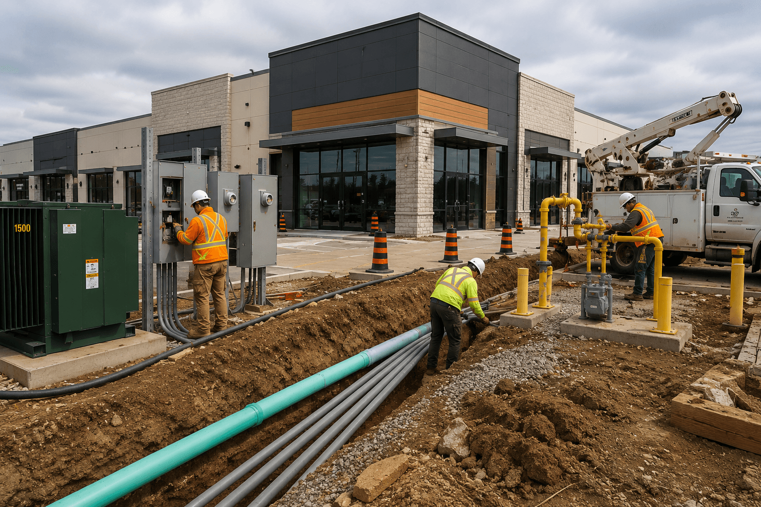 A commercial construction project nearing completion with utility crews installing electrical service, natural gas connections, and underground infrastructure while the building is almost ready for occupancy.
