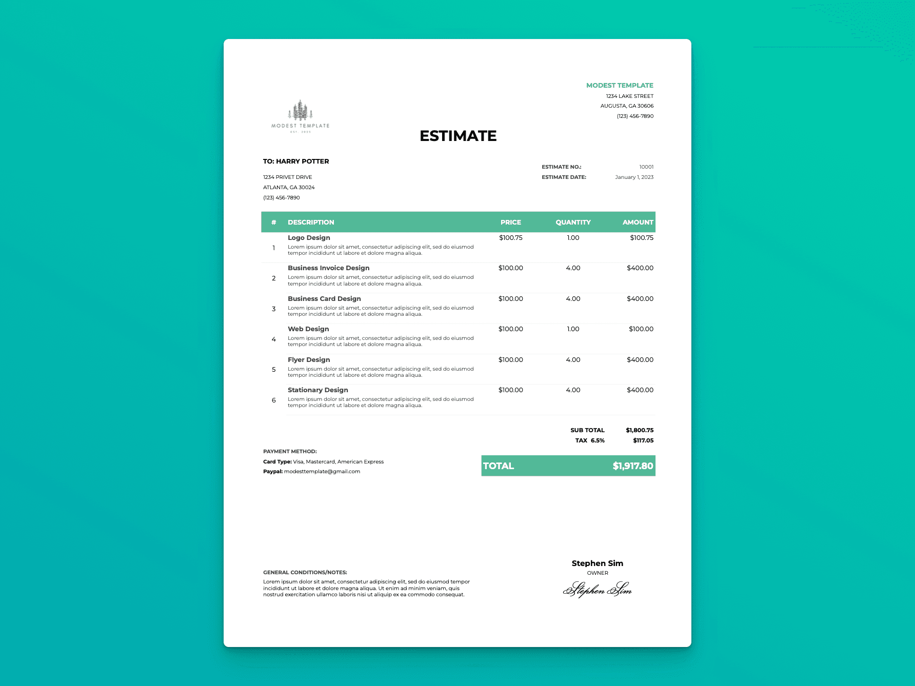 Estimate template displaying itemized services, quantities, and totals with sections for terms, tax, and payment method.