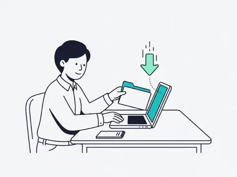 Illustration of a person putting a folder into a laptop as the Claude desktop app downloads