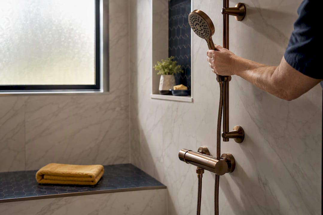 Handheld showerhead beside accessible shower bench