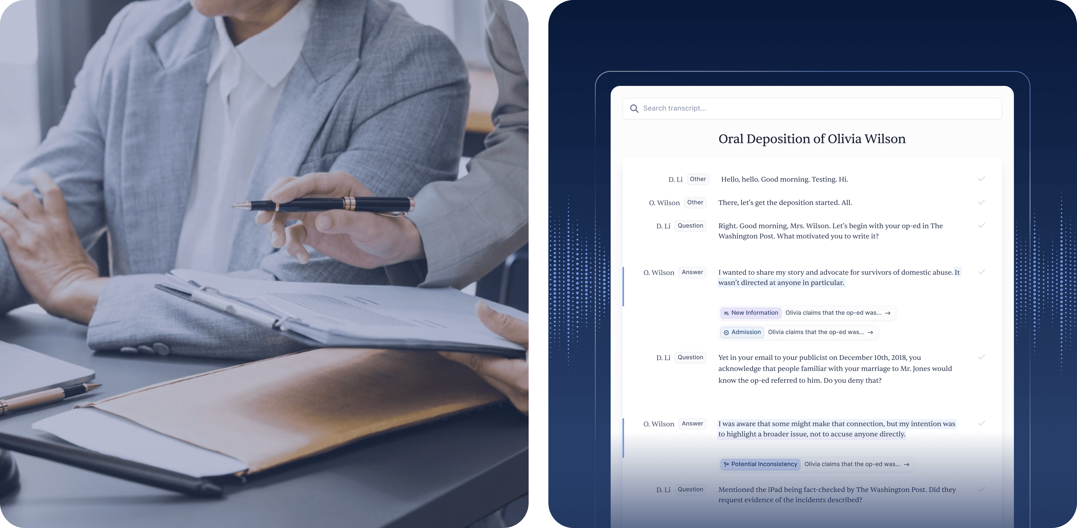 A person examining content on a smartphone while seated at a table with documents and a laptop nearby.