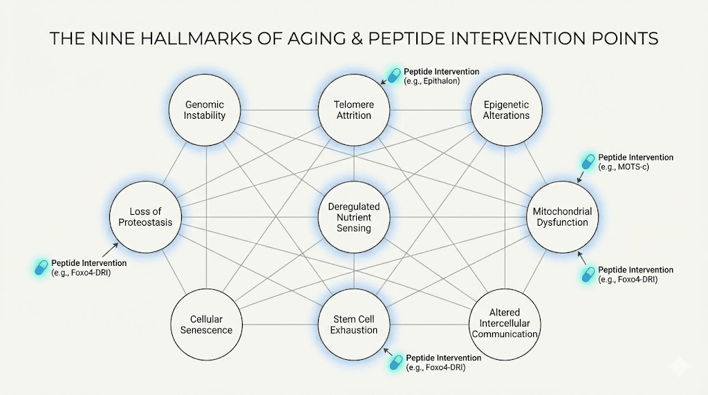 Longevity peptides targeting hallmarks of aging diagram