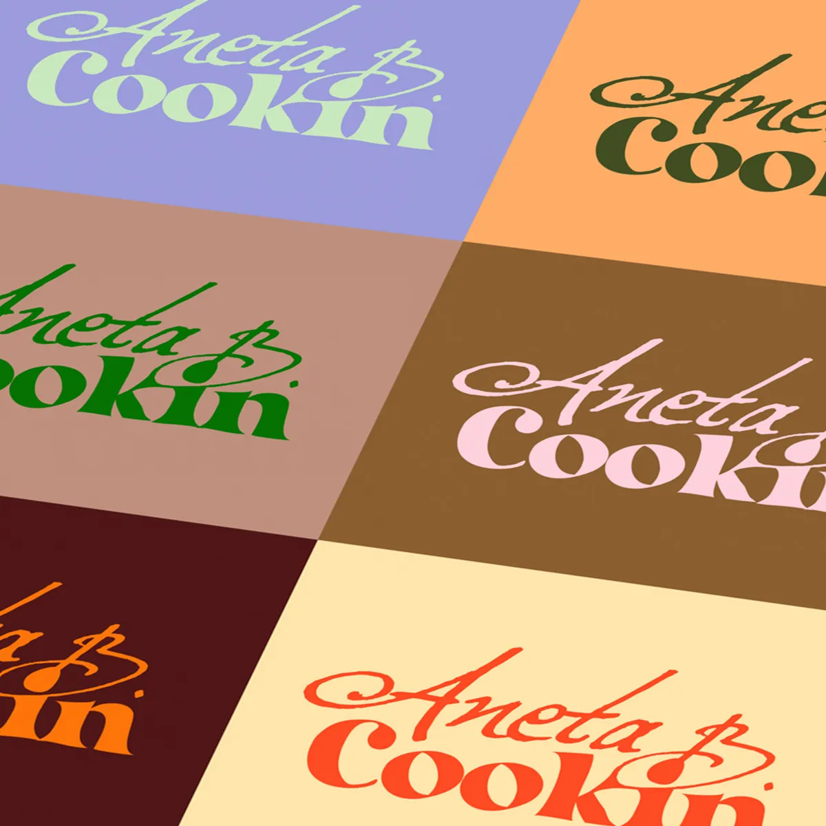 Aneta B. Cookin logo colour explorations. Wordmark tested across multiple colour combinations and backgrounds, brand identity designed by The World District.