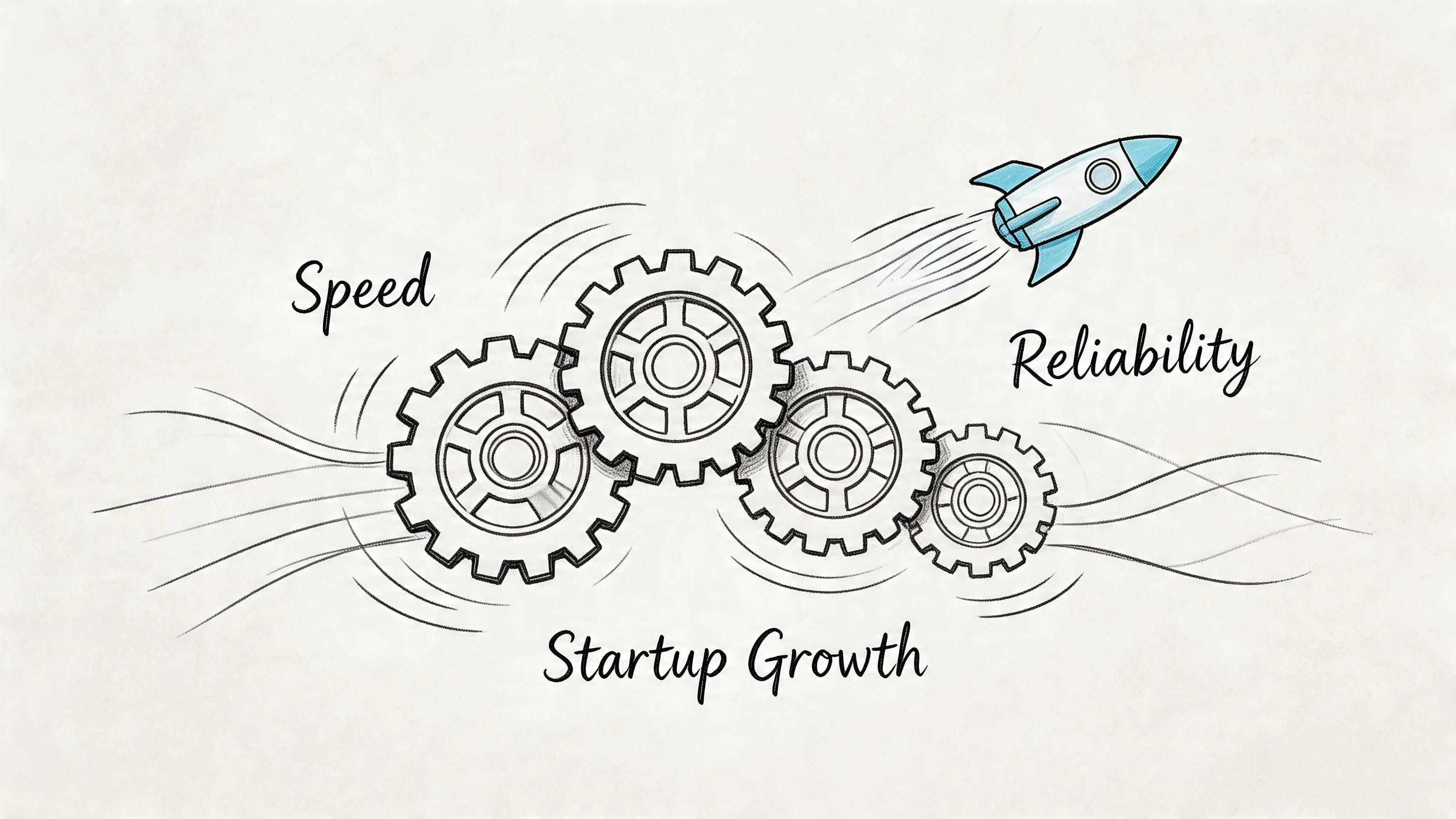 A hand-drawn illustration showing gears connected to a rocket, representing the concepts of speed, reliability, and startup growth.