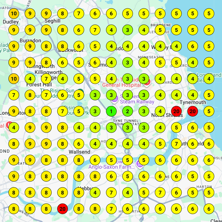 Autograph Limousines' map scan for party bus hire newcastle on 27 March 2026: average rank 6.15 and in the top 3 across 8.88% of a 129.67 km² grid