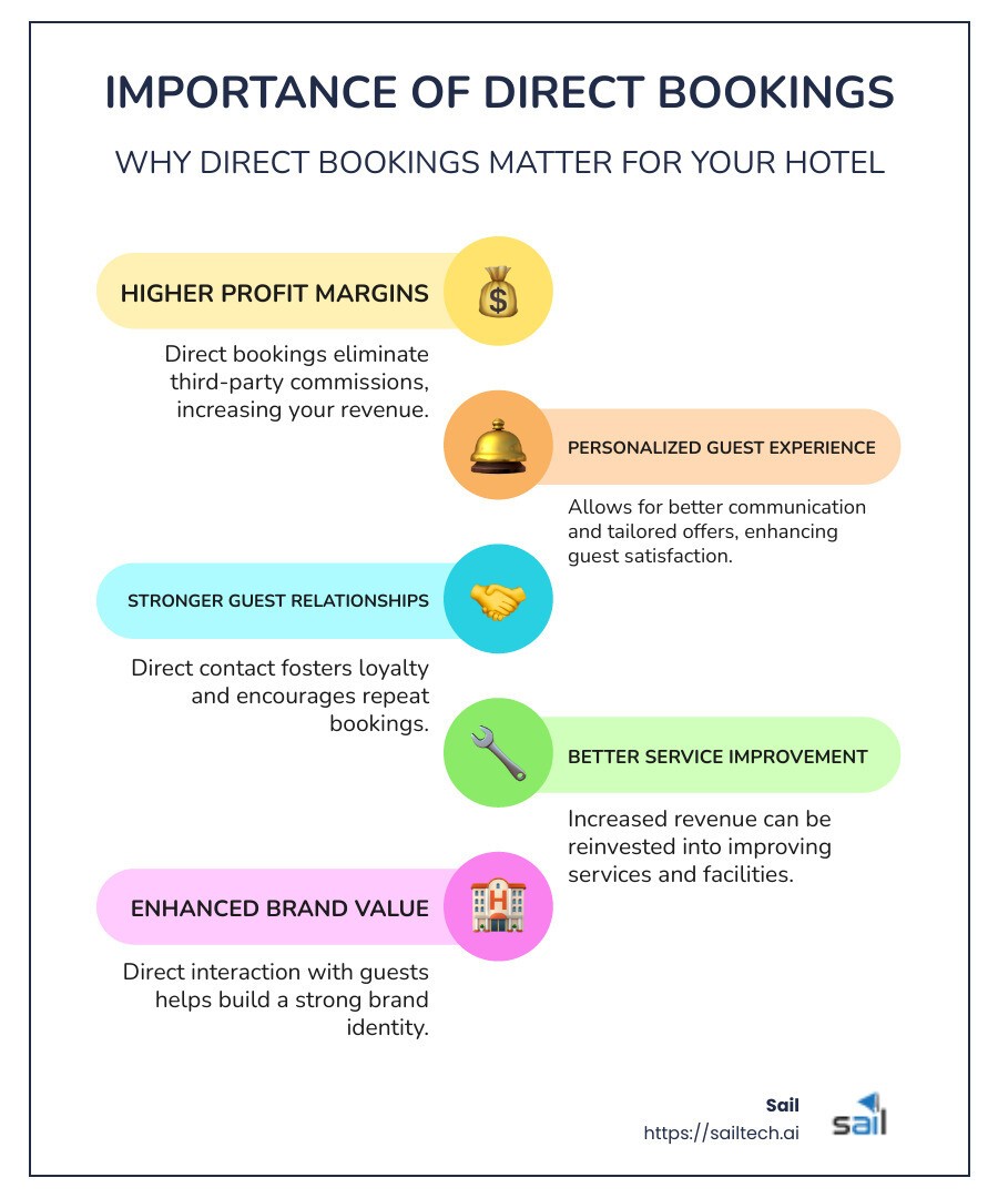 summary of ways to boost direct bookings - Boost hotel direct bookings infographic infographic-line-5-steps-colors