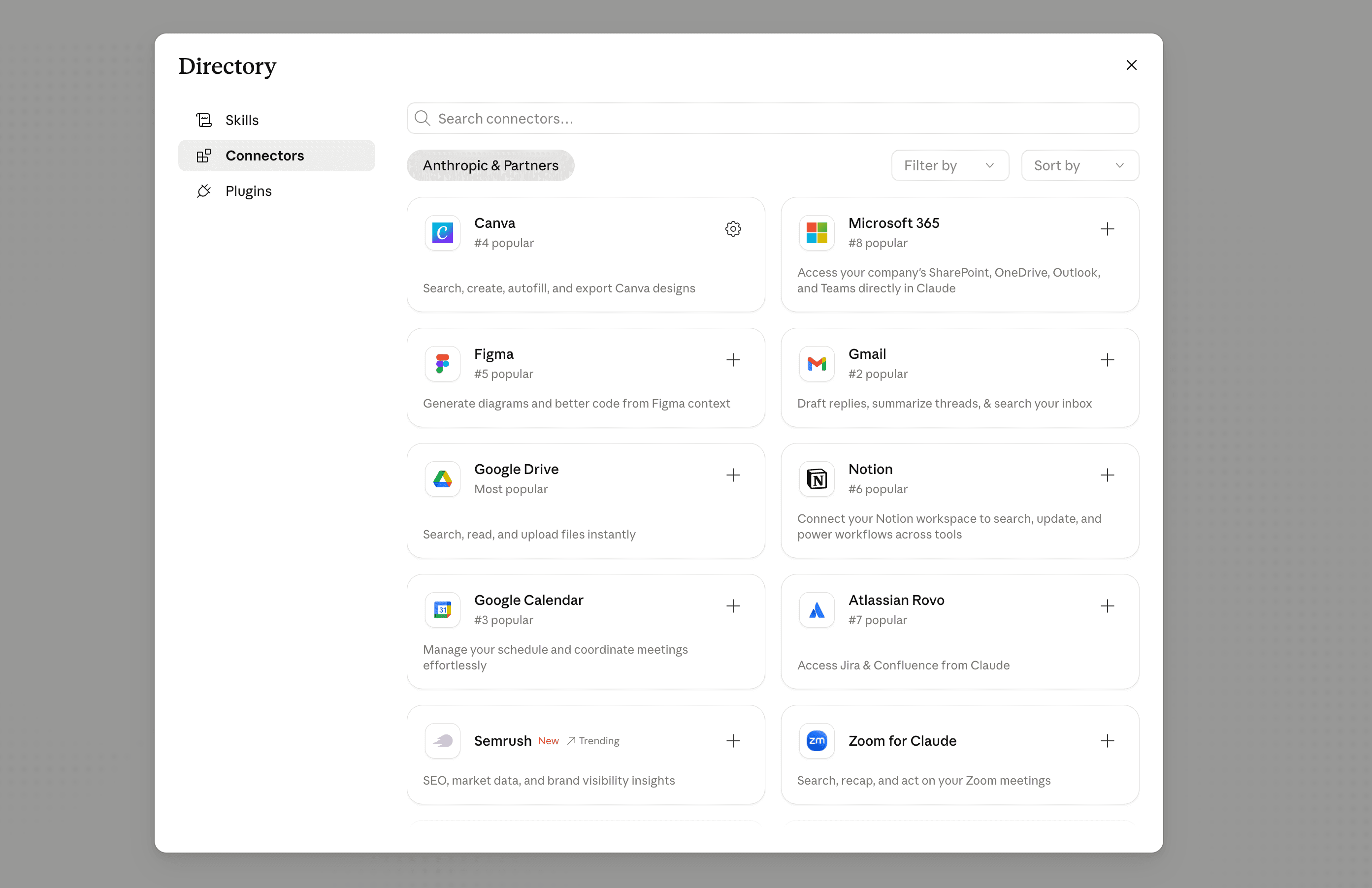 The MCP connectors directory in Claude, showing available integrations including Google Drive, Gmail, Google Calendar, Canva, Figma, Notion, and more.