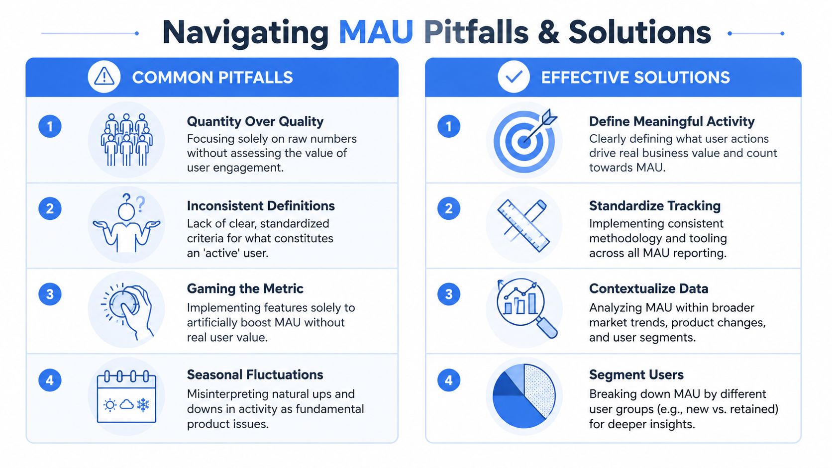 An infographic titled Navigating MAU Pitfalls and Solutions, outlining four common mistakes and corresponding strategies for tracking monthly active users.