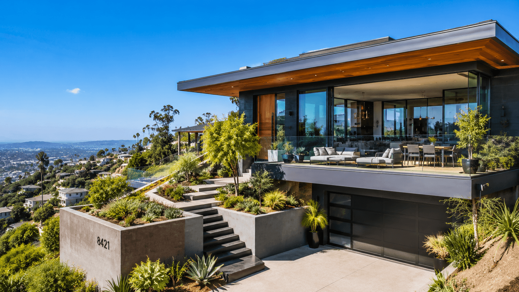 Modern executive loft building with sleek glass and stone architecture