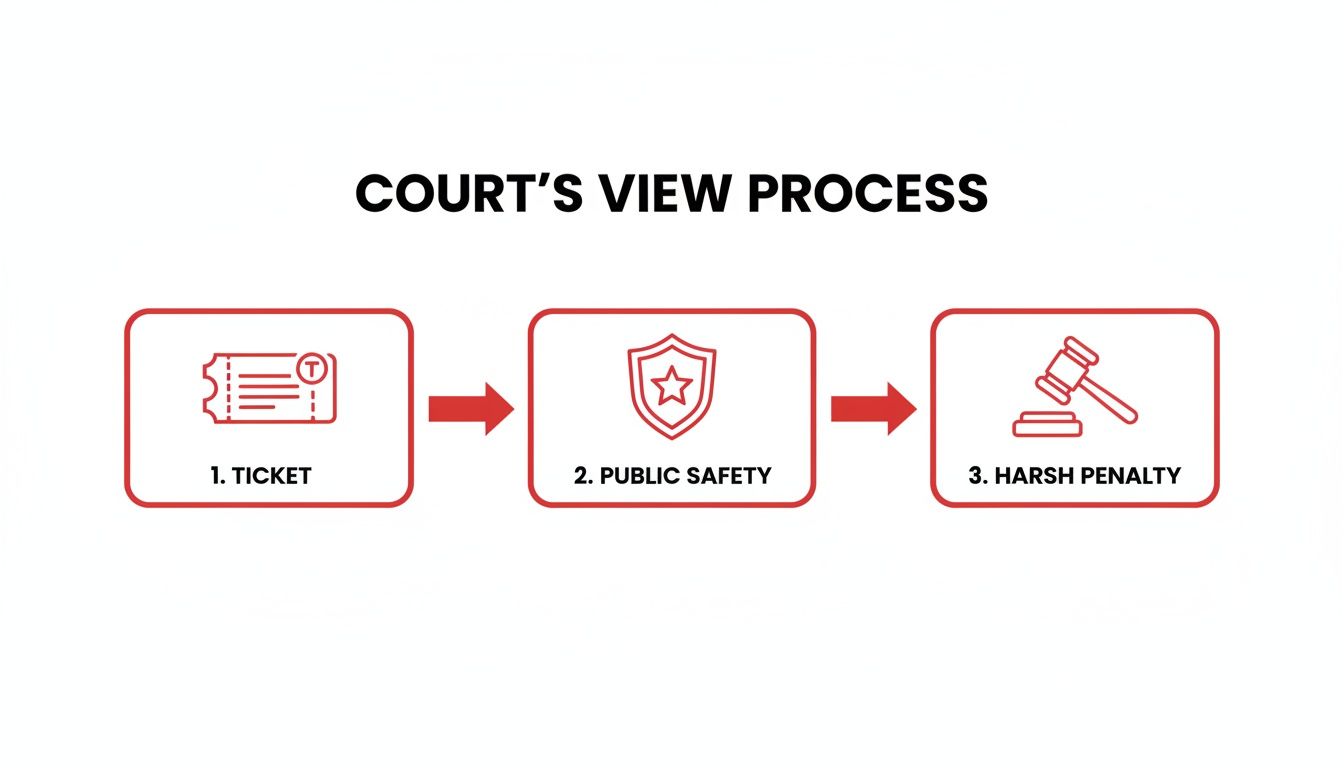 Flowchart illustrating the court's view process: a ticket leads to public safety concerns and a harsh penalty.
