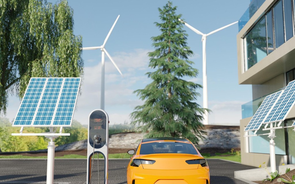 Electric vehicle at a charging station powered by renewable energy sources such as solar panels and wind turbines, highlighting the role of sustainable energy in supporting electromobility and green transportation in Switzerland