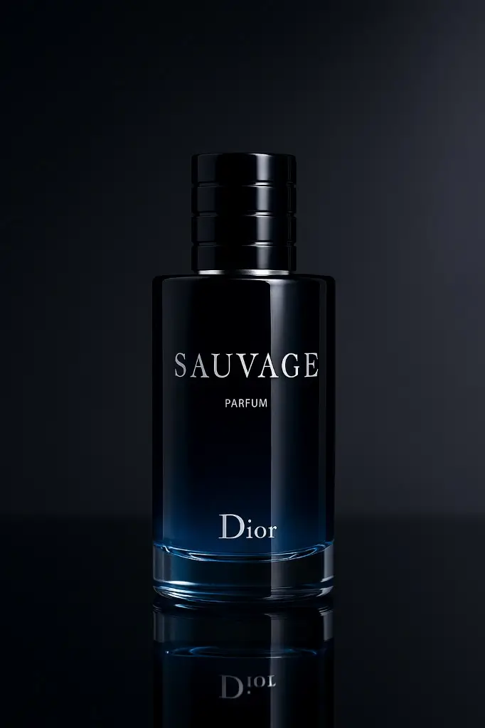 AI-generated Dior Sauvage Parfum luxury perfume commercial featuring premium black glass bottle with blue gradient base against dark minimalist background, high-end fragrance product positioning by Mahendra