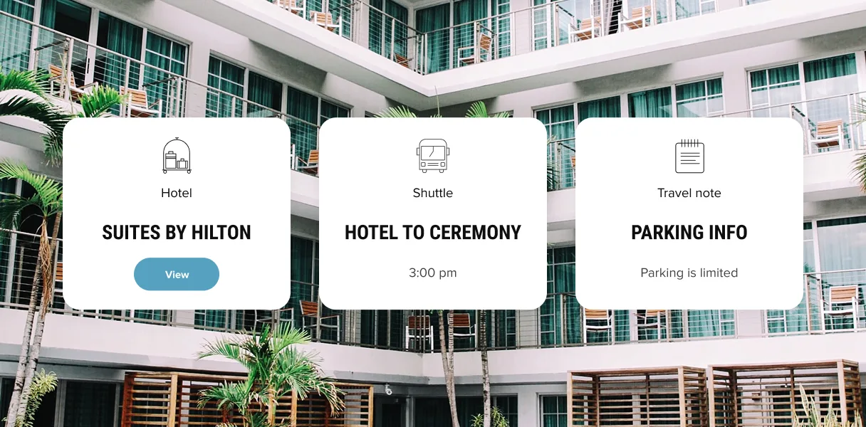 Zola wedding website example with hotel, shuttle and parking information cards