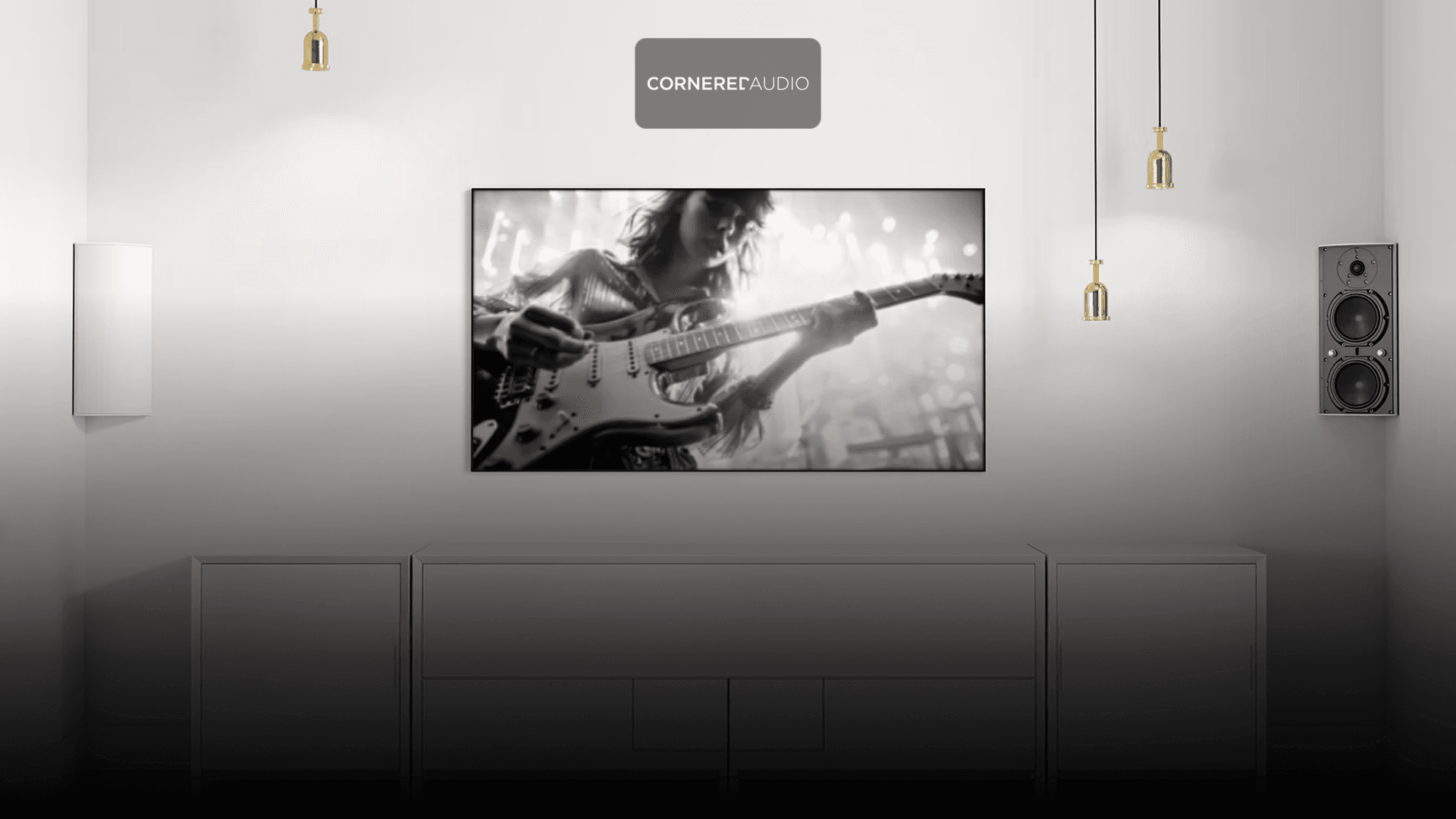 Wall-mounted screen displays a black and white guitarist.