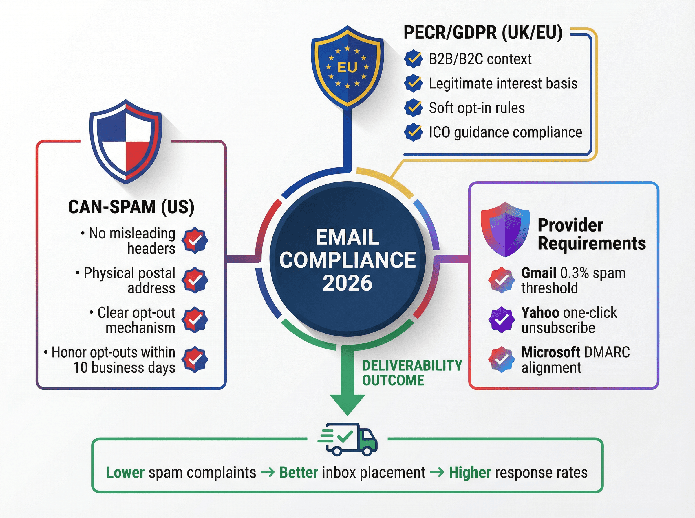 Email compliance framework showing CAN-SPAM, PECR, and deliverability connections