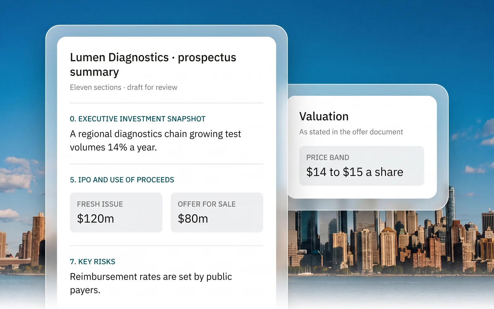 A prospectus summarised in fixed sections, from the investment snapshot to the use of proceeds and the risks, with the price band relayed as stated
