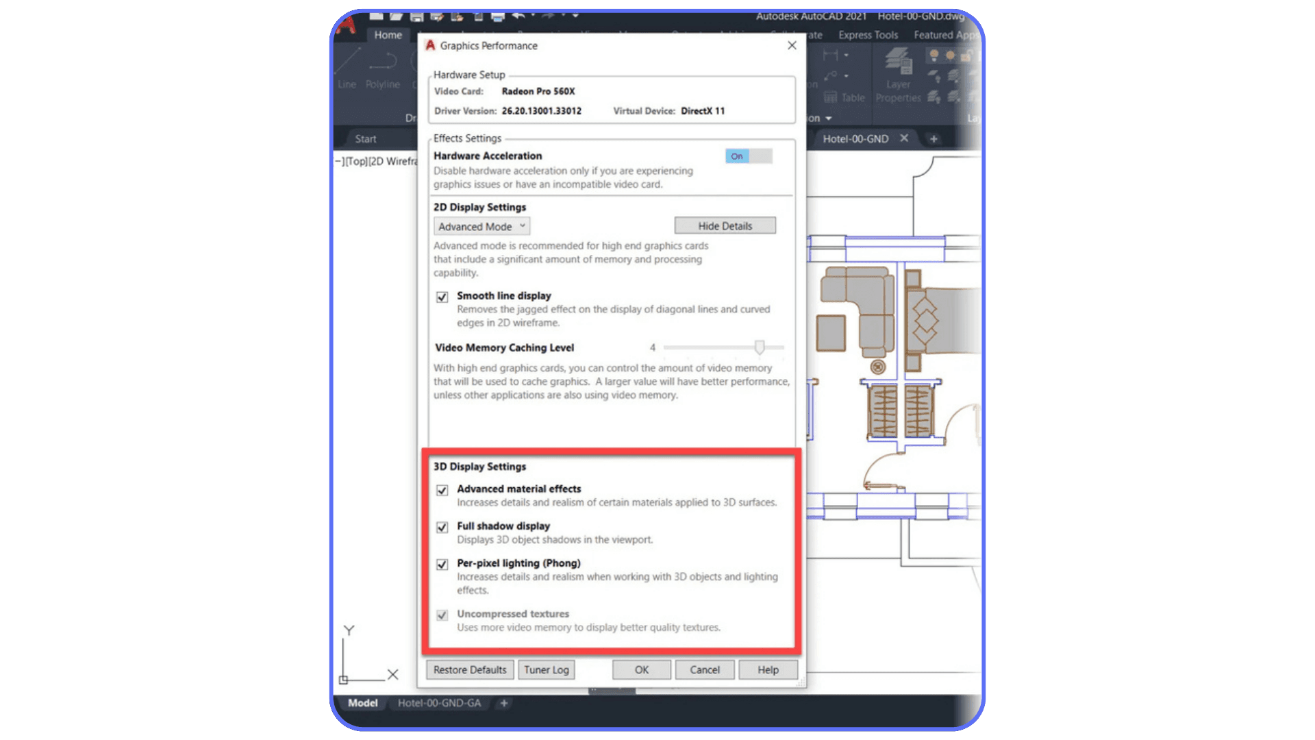 AutoCAD graphics performance settings window showing hardware acceleration and advanced 3D display options to enhance smoothness and visual quality.