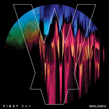 fist day poster with abstract blue, red, and green shapes inside a circle and a W letter made from a V and a triangle only with white outlines