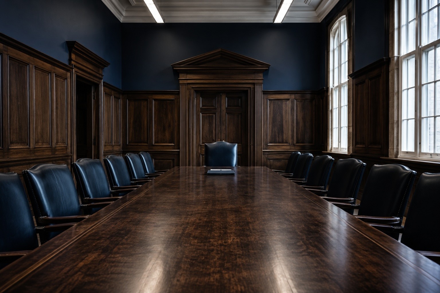 Empty boardroom with dark wood panelling and a long polished conference table.