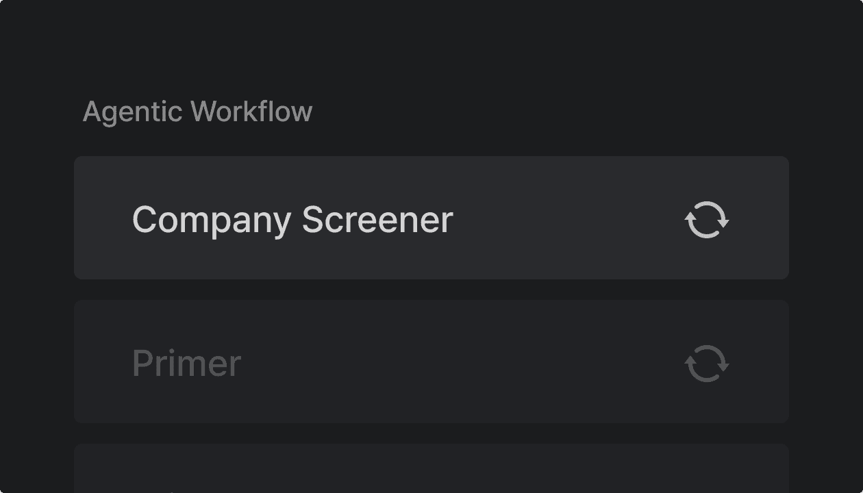 Company screener and primer steps in AI-powered investment research workflow.