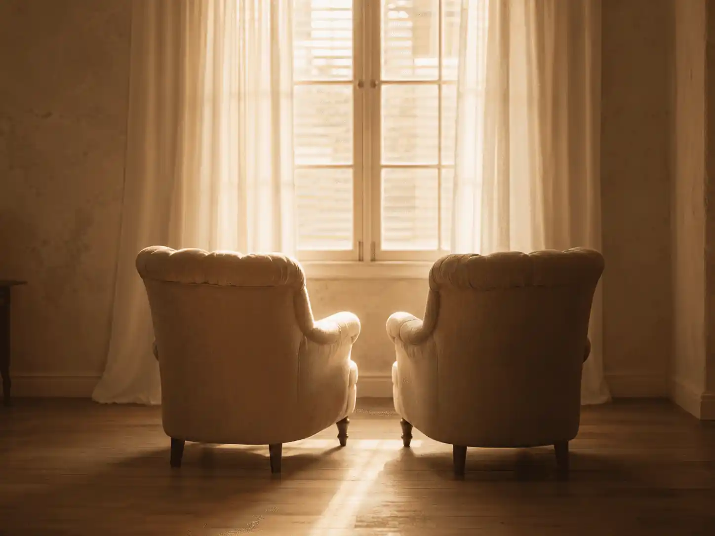 Two empty armchairs facing a softly lit window, striped with warm afternoon light