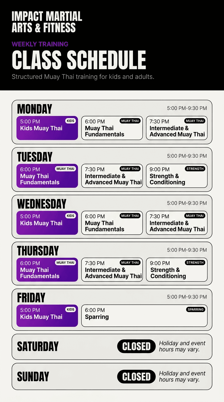 Weekly Rai Martial Arts class schedule for kids and adults, including BJJ, Muay Thai, Kickboxing and MMA classes.