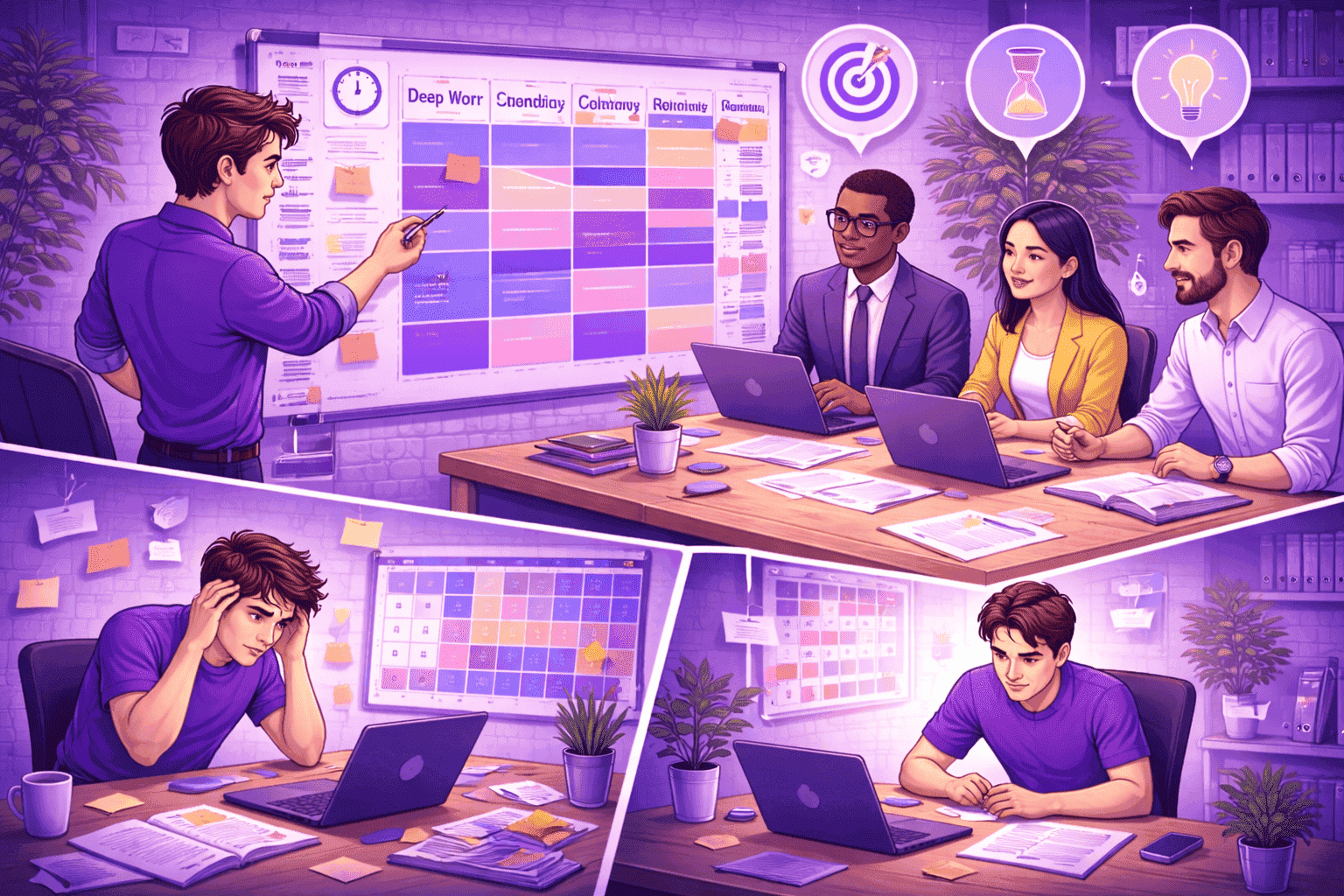 Team collaboratively planning time management strategy with a structured schedule, contrasted with an employee overwhelmed by poor planning and later working in an organized and productive way.