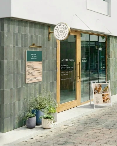 外観リブランディング提案後：木枠扉と看板、メニュー掲示の外観